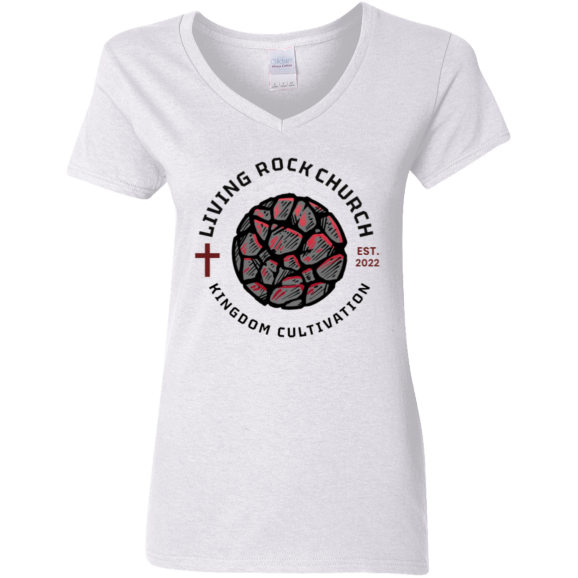 Ladies' #ROCKKINGDOM. V-Neck TEE WHT/GRY